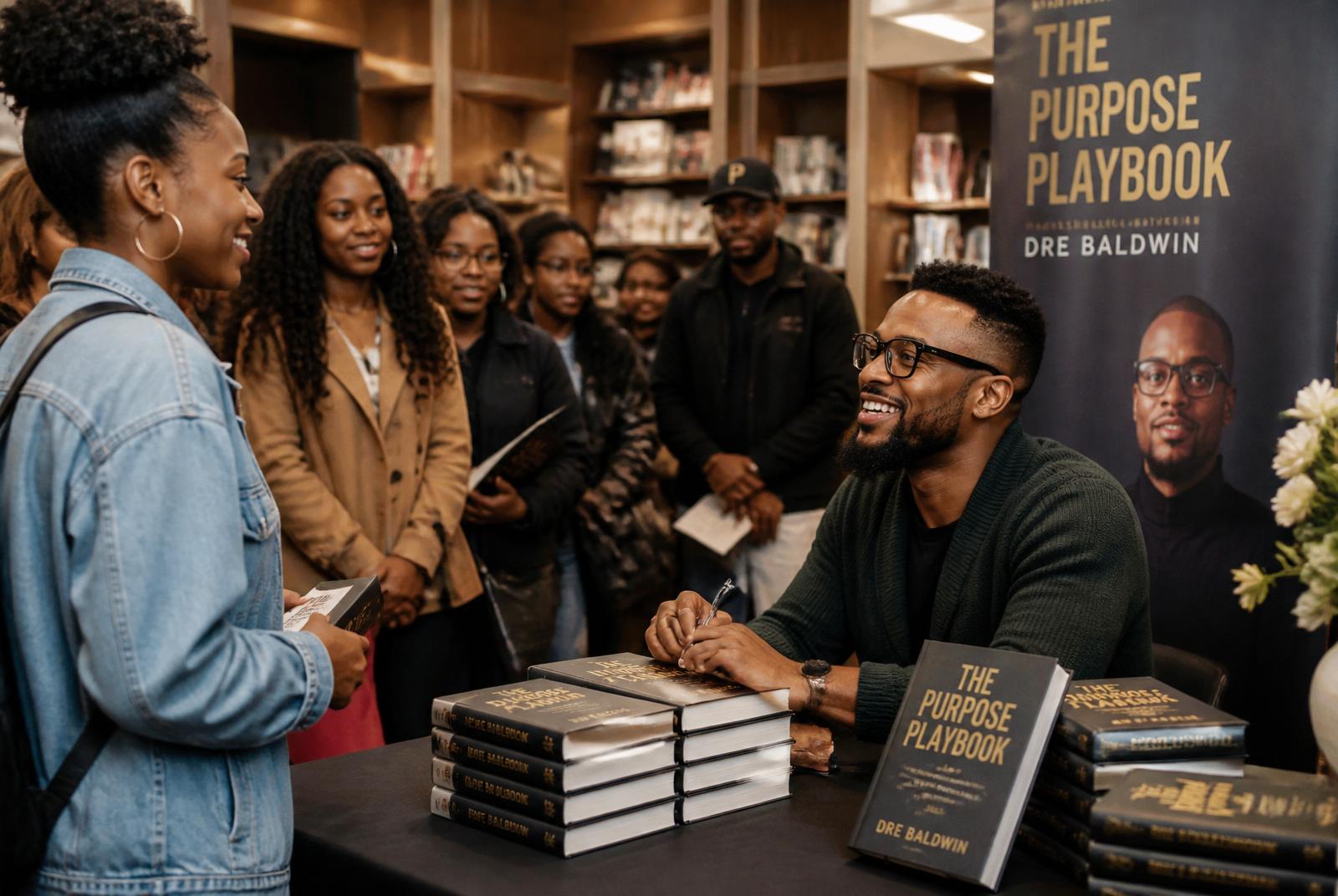 African American author at a book signing with a line of readers waiting