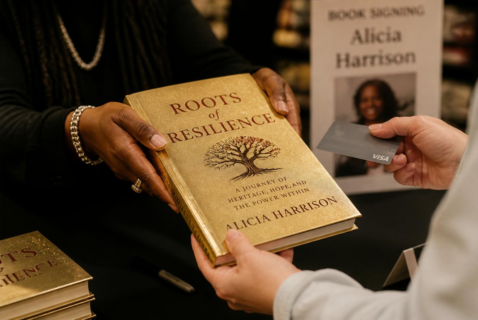 A book being handed to a buyer as they hand over their credit card in payment