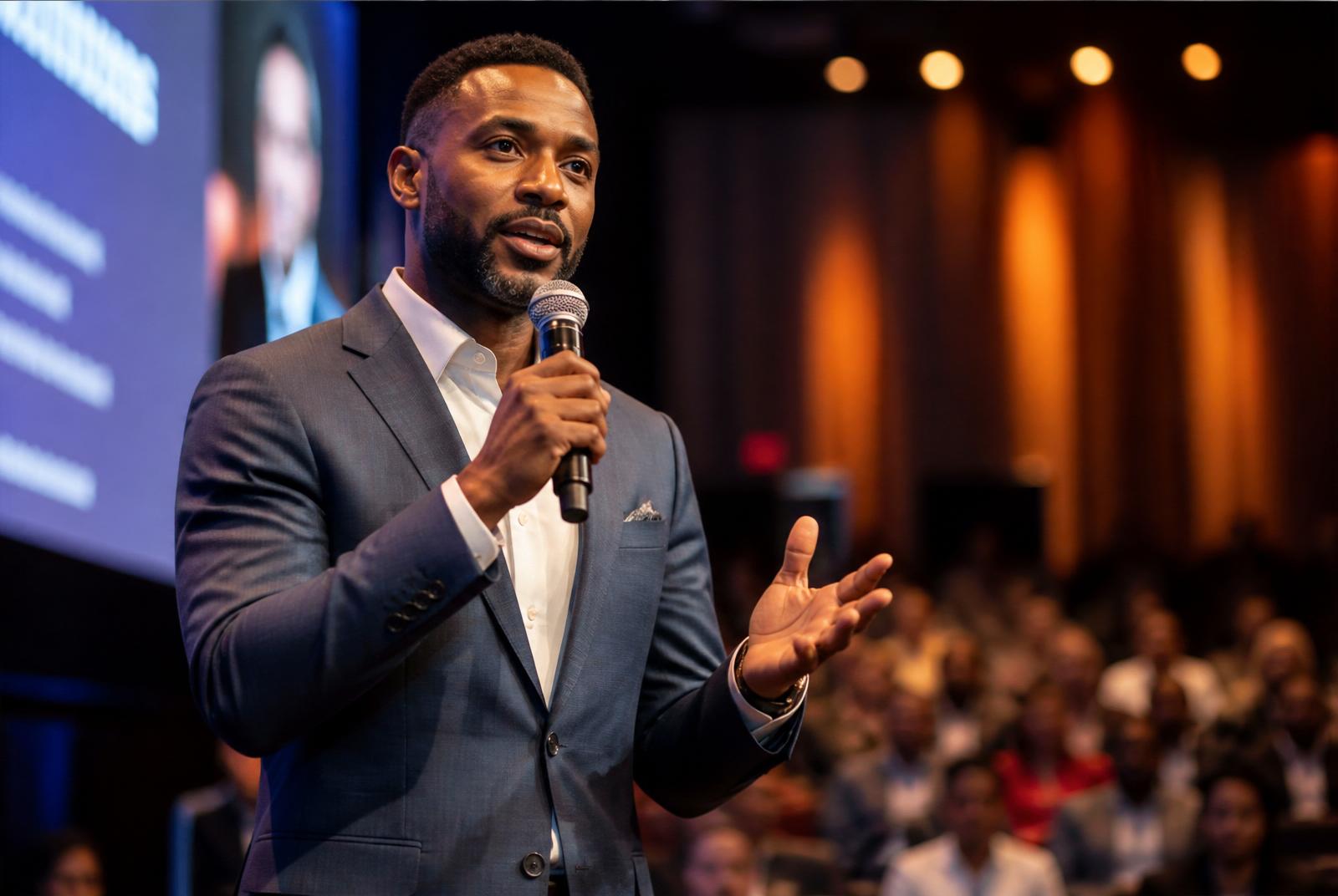 African American author speaking on stage at a keynote conference